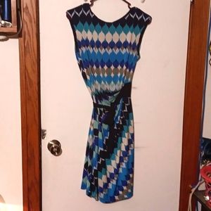 R & K blue, gray, turquoise patterned dress, Size M Sleeveless belt